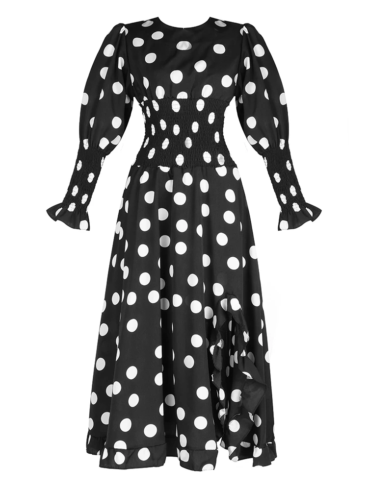 

2020 new spring street styles women fashion clothing round neck puff sleeves polka dots pullover dress female vestido V399