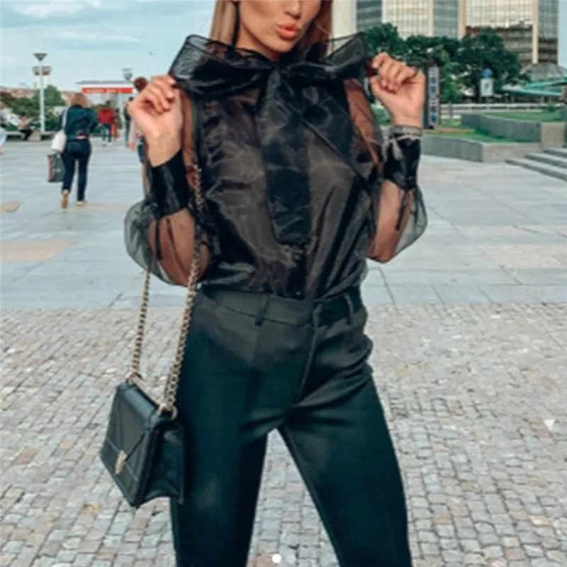 

Elegant Women Spring Bow Tie Chiffon Shirt Blouses Tops Work Female 2020 Ruffles Casual Long Sleeve Loose Tops Office OL Blouses