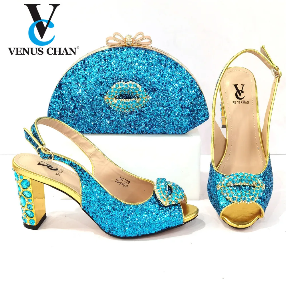 

African 2021 New Arrival Italian Design Blue Color Party Wedding Elegant Women Shoes and Bag Set Decorated With bag