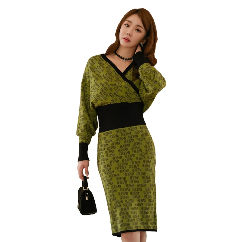 

Genayooa V Neck Pencil Dresses For Women Elegant Long Sleeve Knitted Dresses Autumn Winter Dress Sexy Woman Bodycon Vestidos