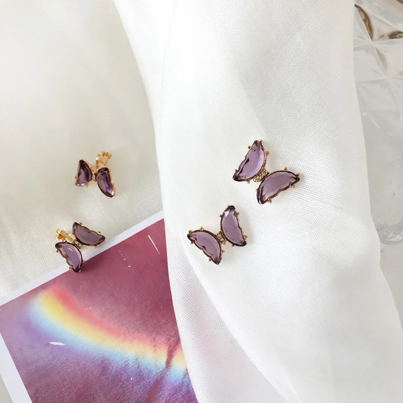 

Rhinestone Crystal Purple Cute Clip on Statement Earrings Butterfly New Summer Aesthetic Earrings