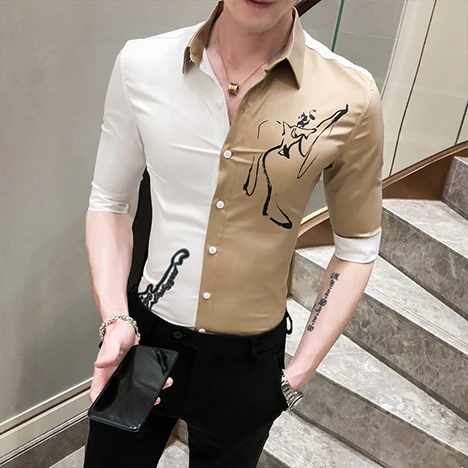 

Men's Fashion Slim Fit Shirt Half Sleeve Patchwork Blouses Printed British Style C5