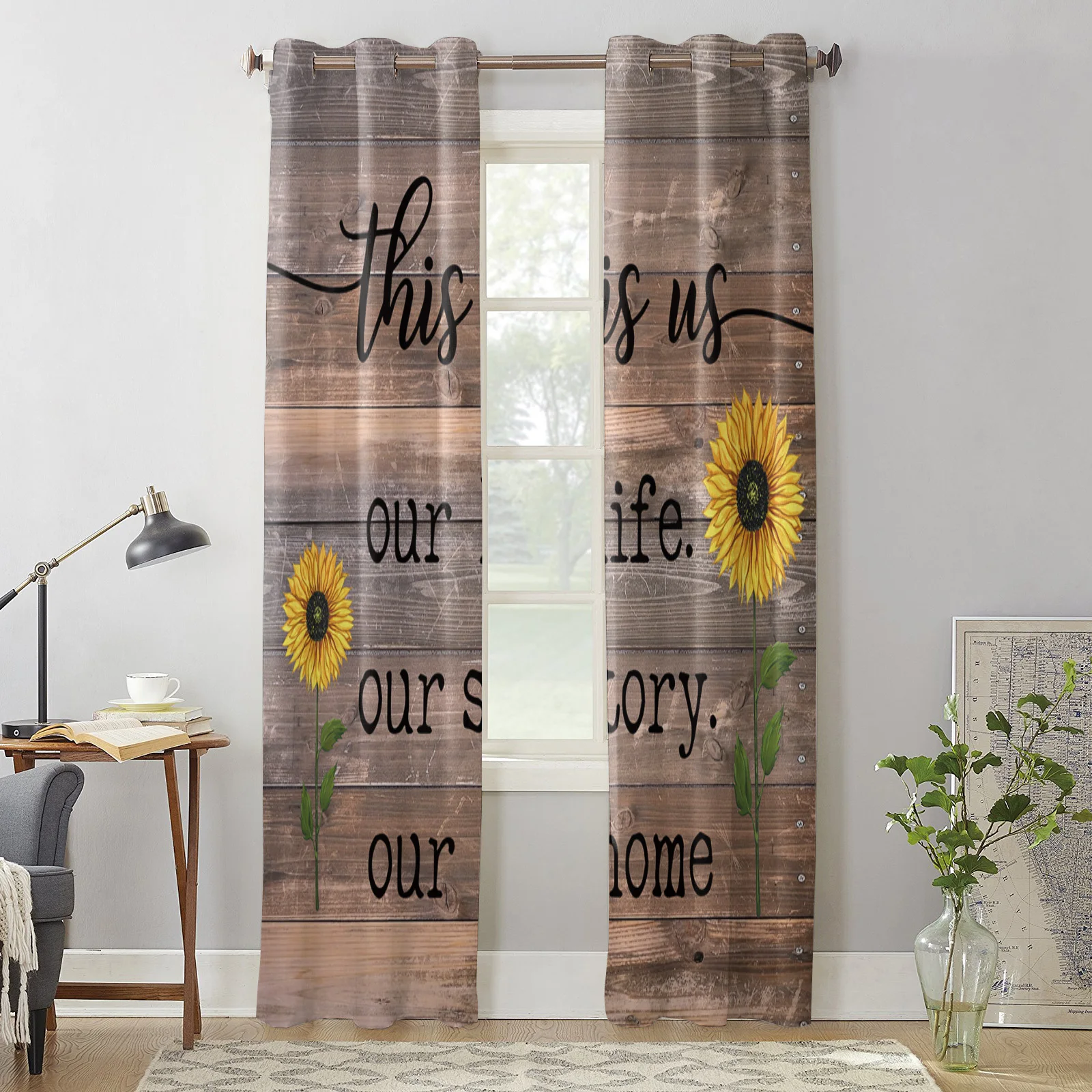 Гостиная занавески деревенские подсолнечника обои древесины Современный