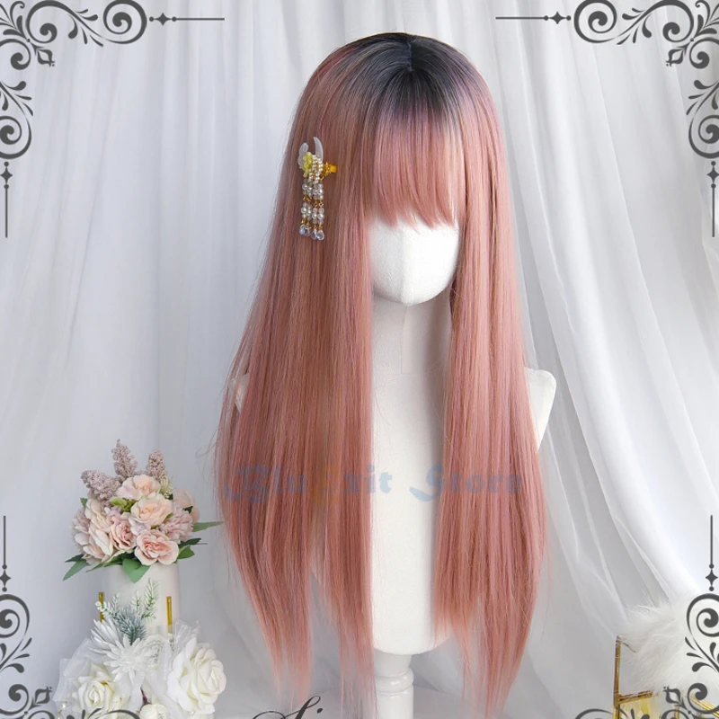 Парик в стиле лолита для косплея с градиентной черной/розовой волшебной челкой