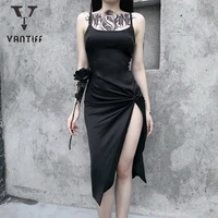 palace retro dresses for women dark black small black dress high waist split pleated dress feminine versatile strap simple sexy