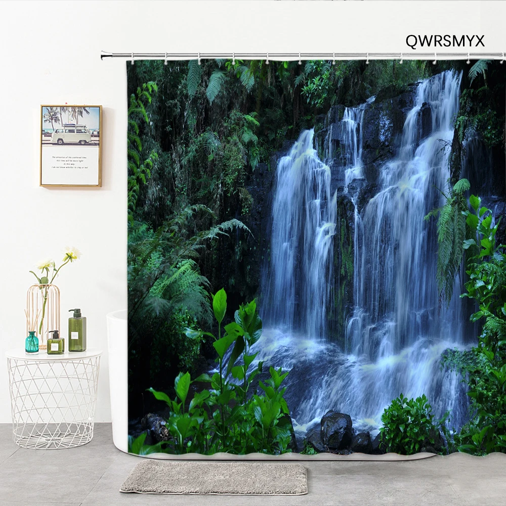 

Занавеска для душа «Водопад» с зеленым лесом, s ткань, декор для ванной комнаты, занавеска для экрана, домашний желтый фон, ткань для стен