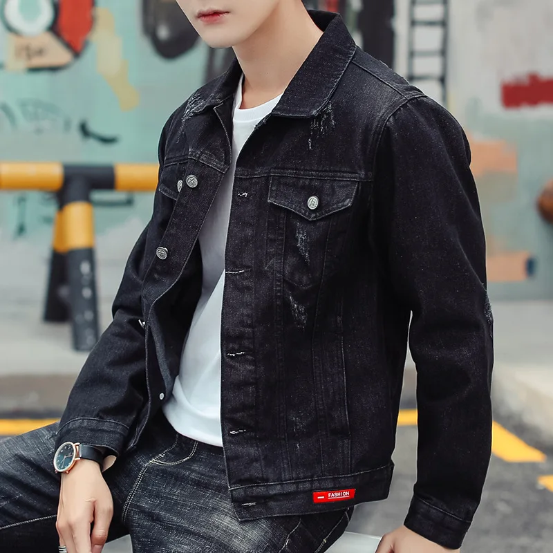 Мужская джинсовая куртка приталенная черная большого размера Осень-зима E-BAIHUI |