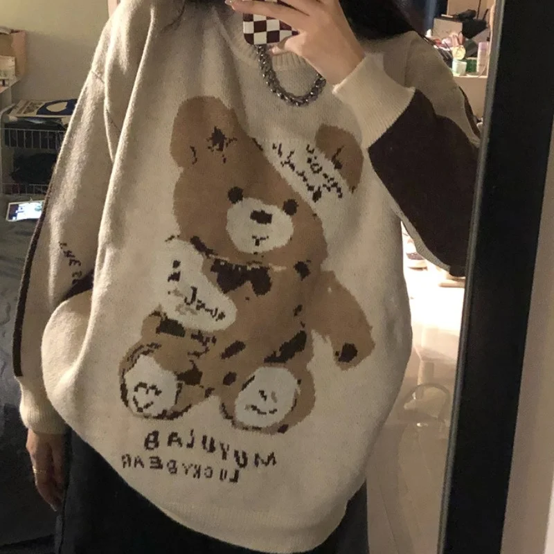 

Lovely Bear Sweater Women's Clothes Autumn New Wool Pullover Fashion Loose Cartoon Bear Jacquard Design Sweater