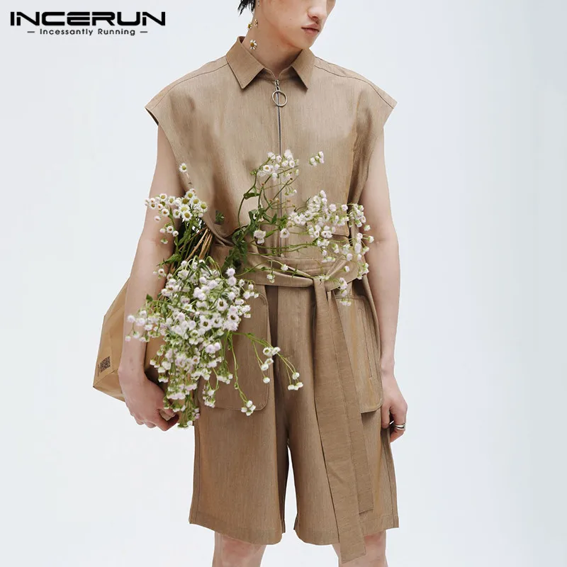 

INCERUN Fashion Men Rompers Sleeveless 2021 Solid Zipper Lapel Pockets Overalls Shorts Chic Personality Men Jumpsuit Streetwear