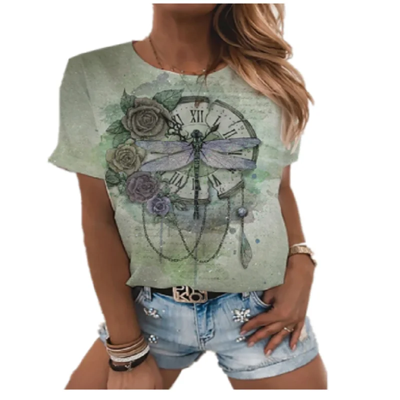 2022 Women's High Street Flower Short Sleeve Harajuku O Neck Dragonfly Pattern Women's T-Shirt