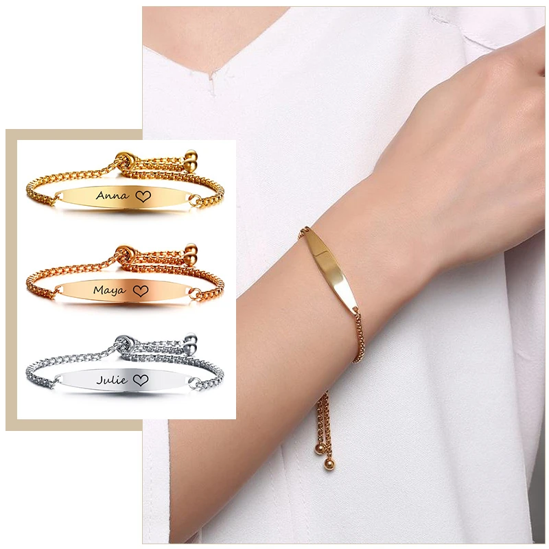 

Trendy Free Personalize Custom Engraving ID Bar Chain Bracelets for Women Girls BFF Sisters Gifts Jewelry Length Adjustable