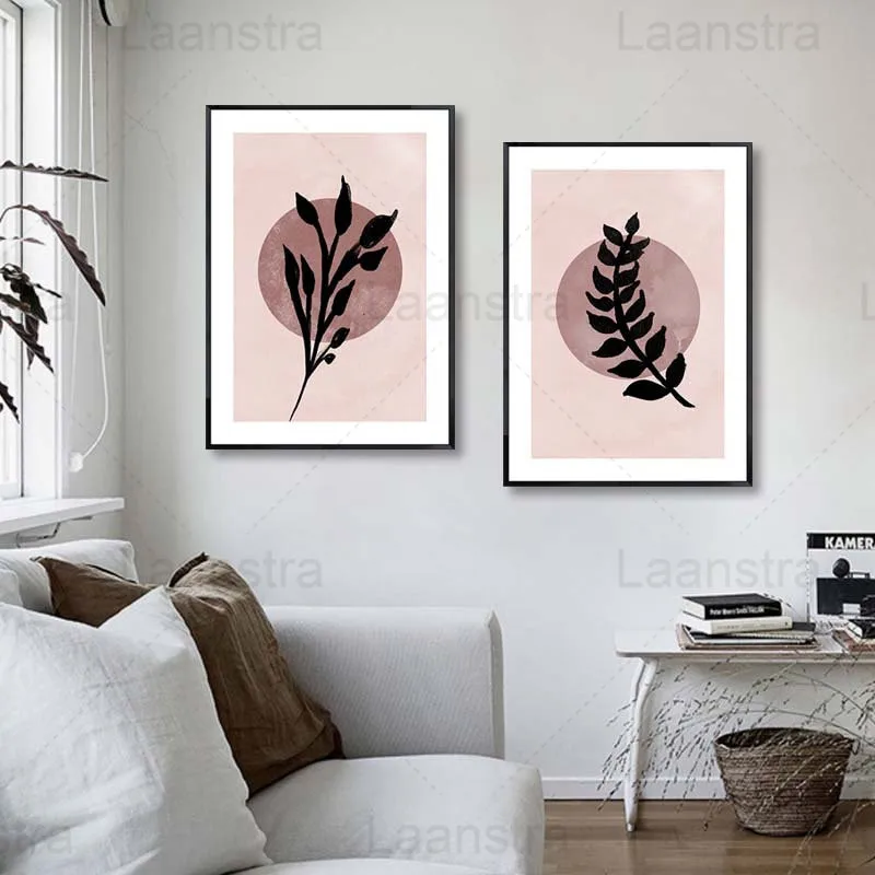 

Red Pottery Color Background Color Home Decoration Painting Plant Branches Leaves Black Shadow Living Room Wall Canvas Poster