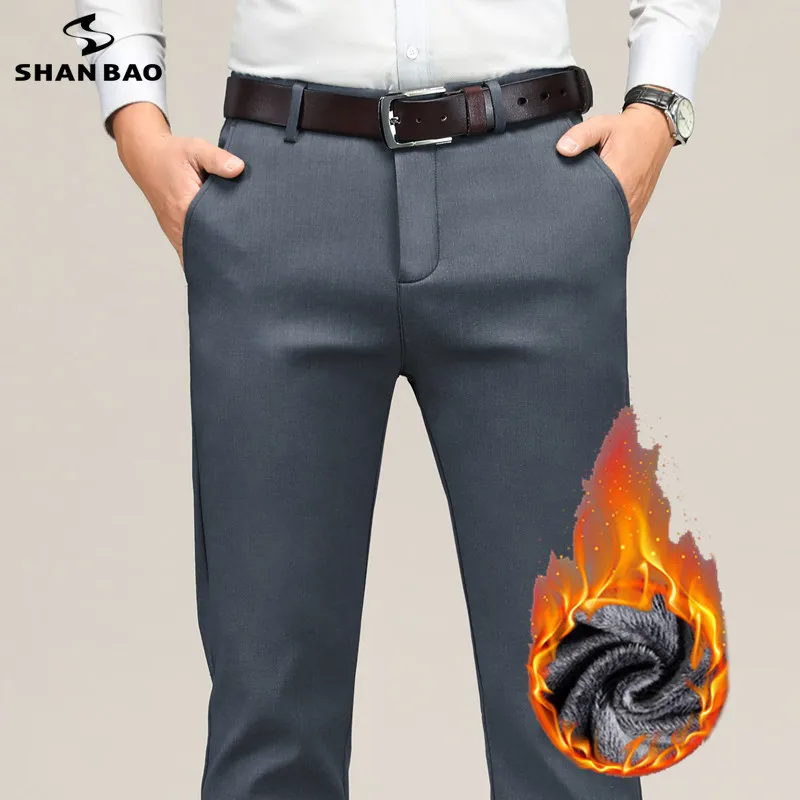 

SHAN BAO winter brand fleece thick warm fit straight pants high-quality lyocell modal business casual men's stretch trousers