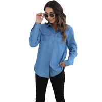 single breasted slim long sleeve fashion commute shirts cowgirl 2021 women blouses vintage elegant office lady denim tops cy0114