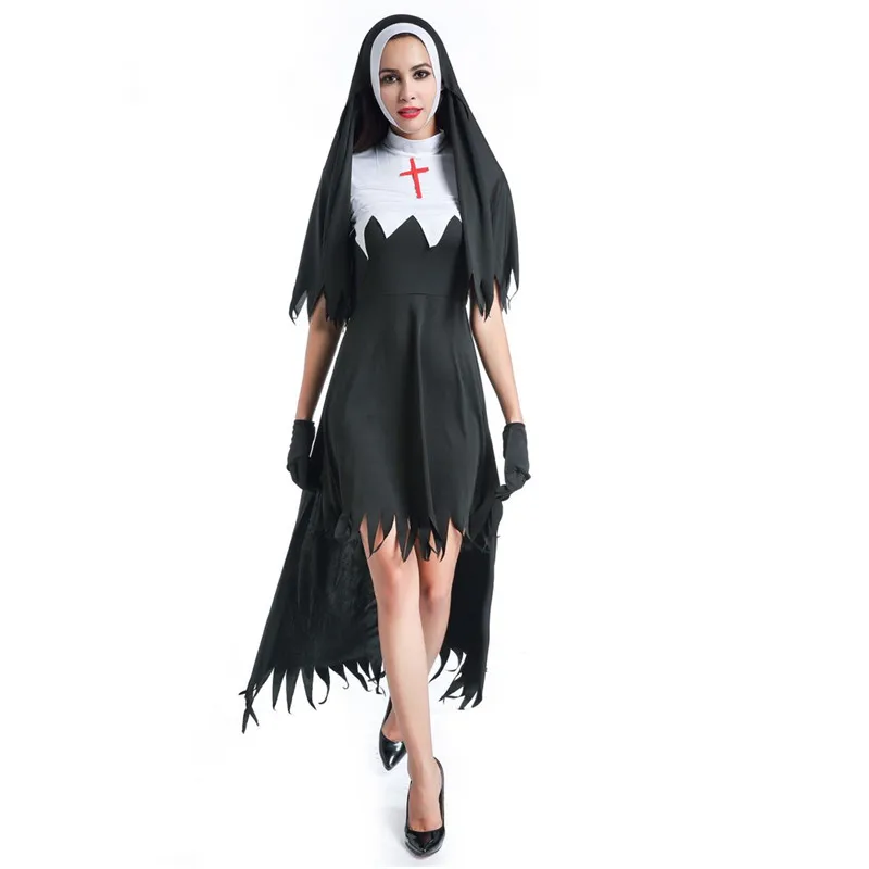 Sister Cosplay Party Costume Fashion Black Women Sexy Nun Costume Arabic Religion Monk Ghost Uniform Irregular Dress