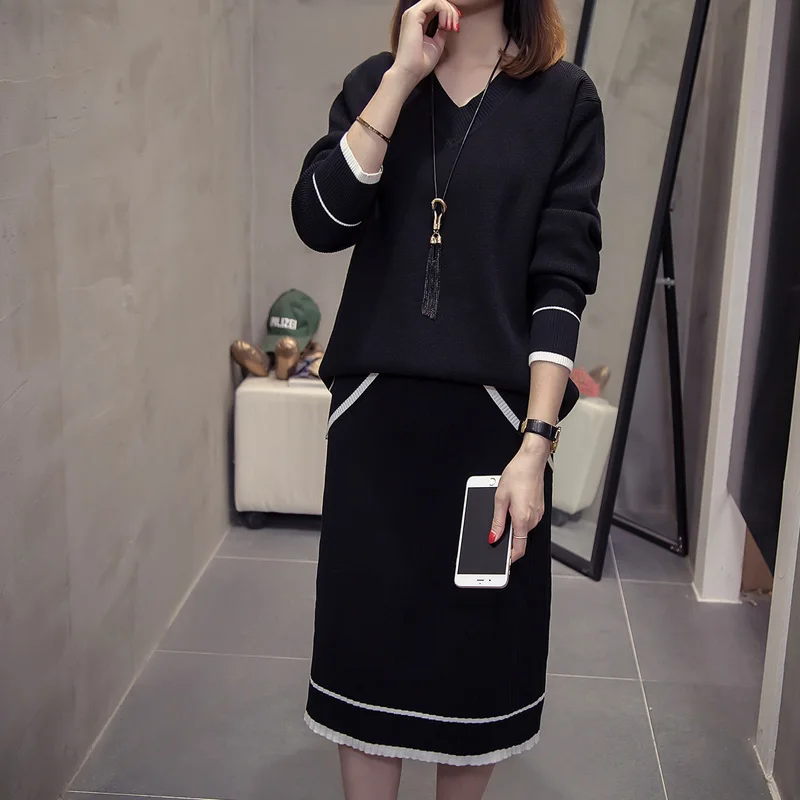 Вязаный свитер платье пуловер Женская зимняя одежда негабаритный осень 2019 v шеи