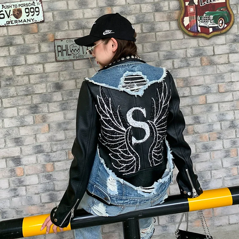 Женская джинсовая куртка с заклепками из двух частей|Кожаные куртки| |