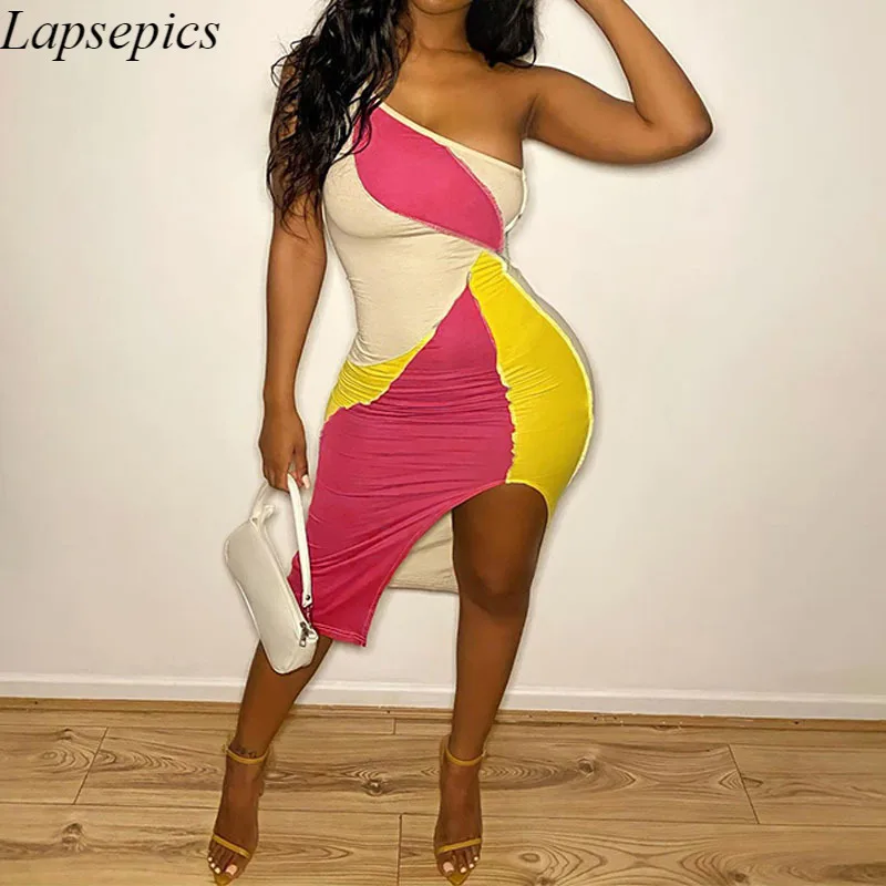 

One Shoulder Colorblock Bodycon Mini Dress Asymmetrical Sleeveless Patchwork Party Dress