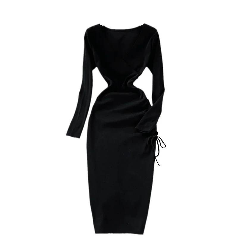 

2021 Spring Autumn Bodycon Split Hip Wrap Dress Women Elegant Drawstring Long Sleeve V-neck Shirring Long Dress For Casual