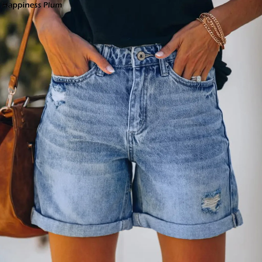 

Fashion Womens Hole Denim Shorts Pocket Zipper Sexy Female Shorts Casual Solid Color High Waist Shorts