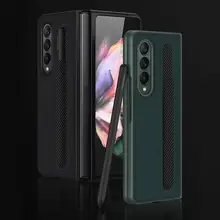 For Samsung Galaxy Z Fold 3 5G Case Genuine Leather Full Protective Shockproof Back Cover Phone Accessories With Pen Holder