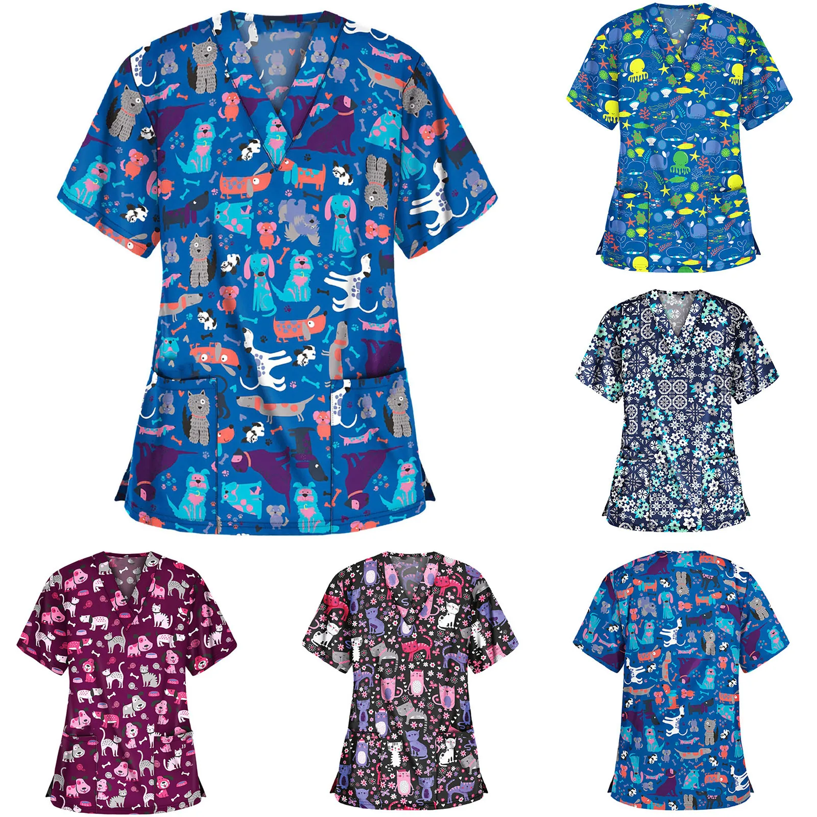 

Women Cute Cartoon Animal Print Nursing Scrubs Tops T Shirt Casual Short Sleeve Women Scrubs Uniforms Nurse V-neck Pocket