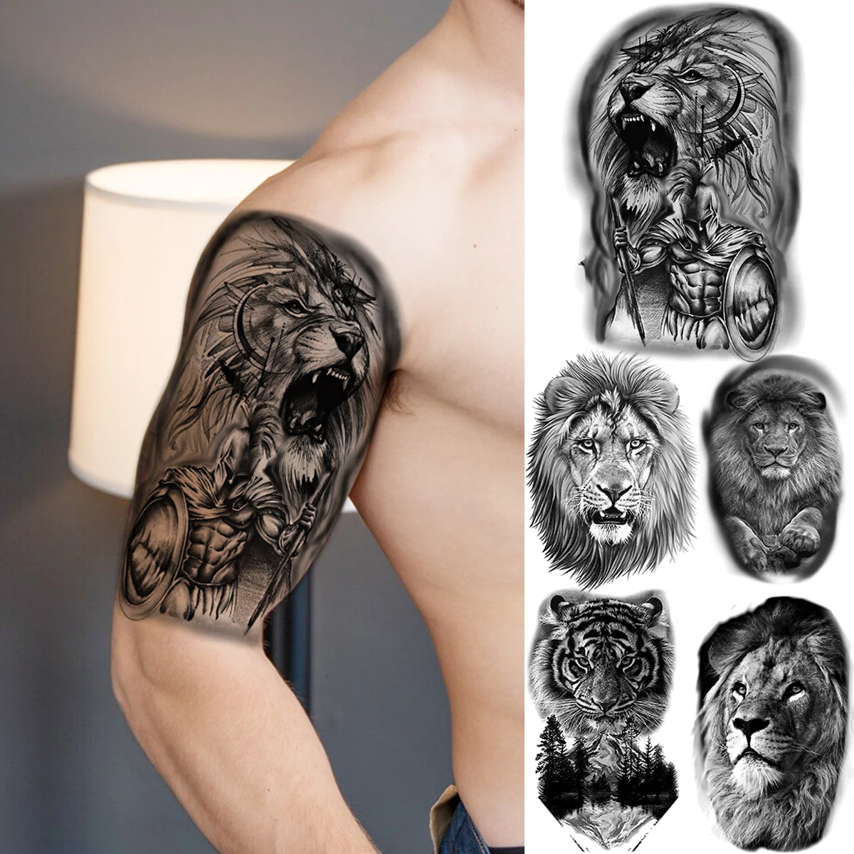 Реалистичные Временные татуировки Black Lion племенная рука для мужчин взрослых
