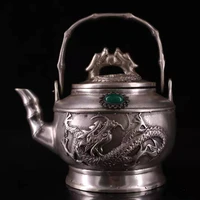 6chinese temple collection old bronze gilt silver mosaic gem sculpture long bamboo kettle teapot flagon ornaments town house