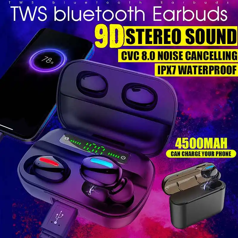 

Наушники Bluetooth 5,0, беспроводные наушники, стерео гарнитура 9D, зарядный чехол на 4500 мАч, светодиодный дисплей, подходит для всех смартфонов