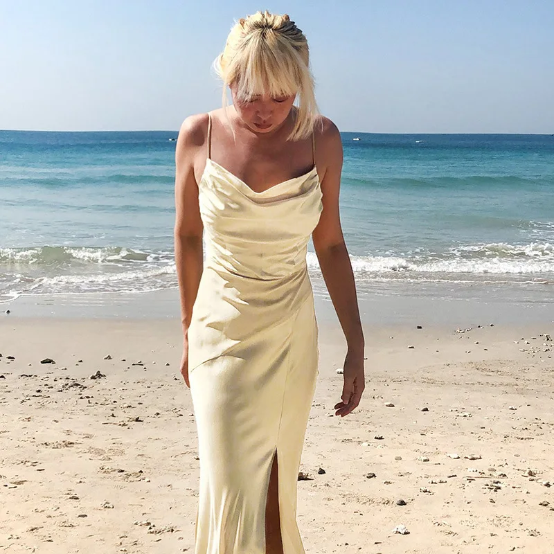

Summer Dress Sexy 2021 Spring/Summer New Satin Slit Slim Fit Sexy Slit Halter Skirt Robe Women dresses summer