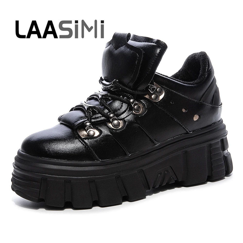 

LAASIMI Women's Fashion Rivet Sneakers With Platform Sport Shoes Woman Genuine Leather Chunky Footwear Ladies Lace Up Creepers
