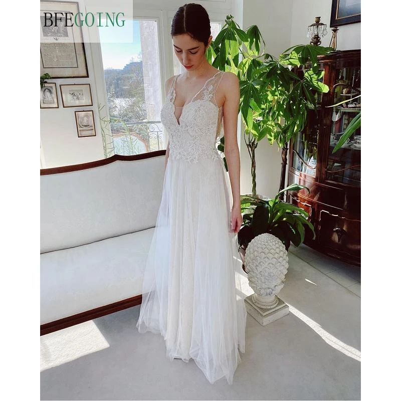 

Ivory Lace Tulle Beading V-Neck Floor-Length A-Line Wedding Dresses Sleeveless Bridal Gowns Custom Made
