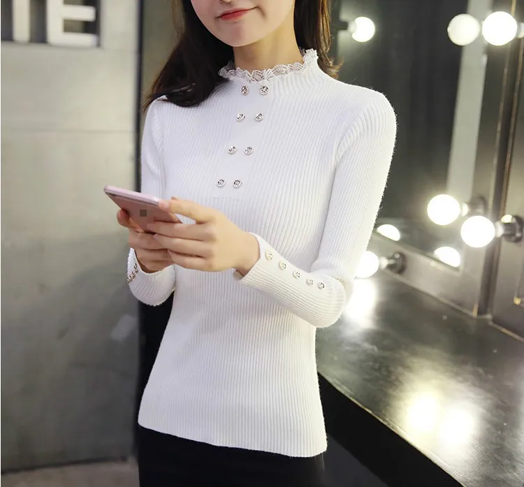 

Yocalor Chic Button Lace Stitching Knitted Pullover Women's Autumn New Simple Top Fresh Sweet Soft All-match Femme Sweater