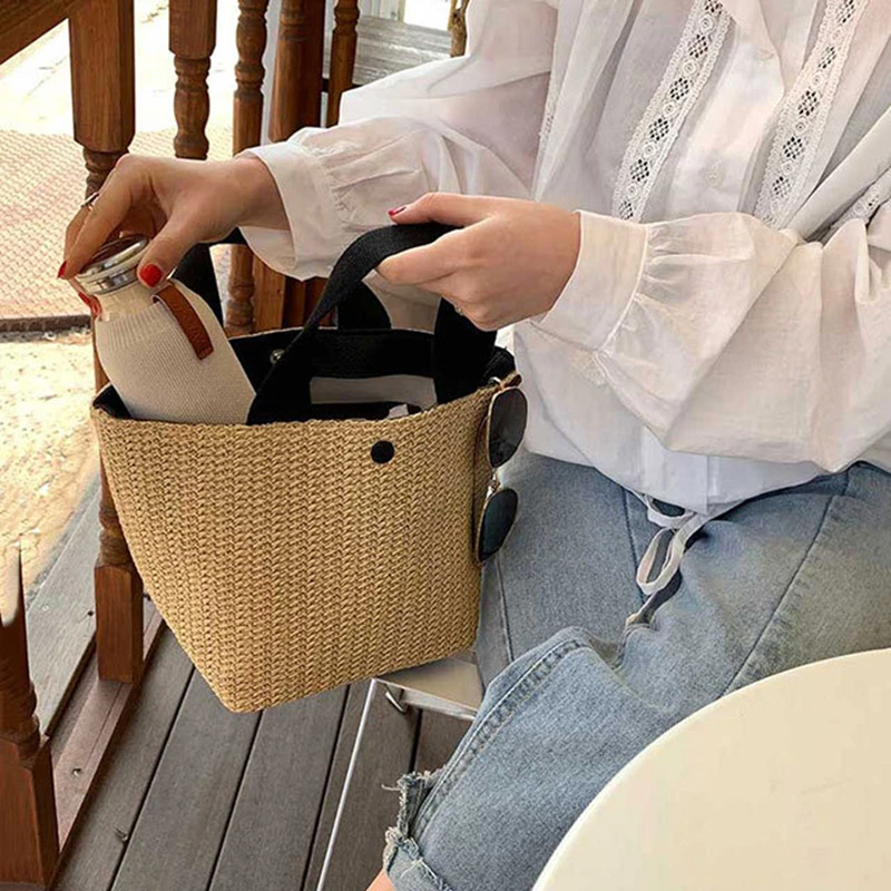 

Elegant Ladies Straw Woven Handbag Women Holiday Beach Casual Tote Top-Handle Bags Fashion Retro Shoulder Bags
