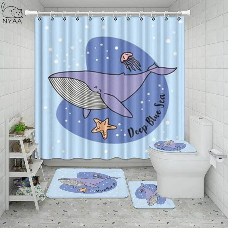 Vixm Водонепроницаемая синяя занавеска для ванной комнаты с рисунком Кита набор
