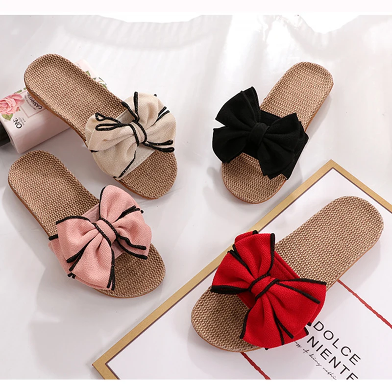 New Butterfly-Knot Home Slippers Summer Cool Eva Slippers Women Linen Belt Slides Female Sandals Flip Flops