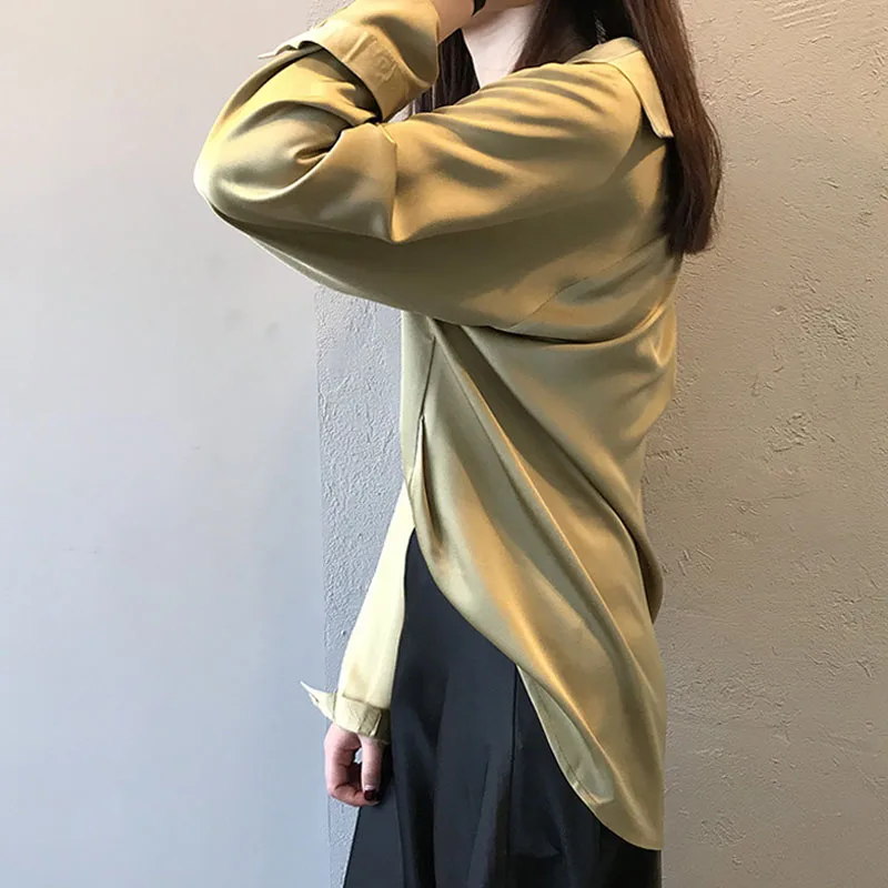 Весенние женские модные из атласа с длинным рукавом Блузка Винтаж Femme V образным