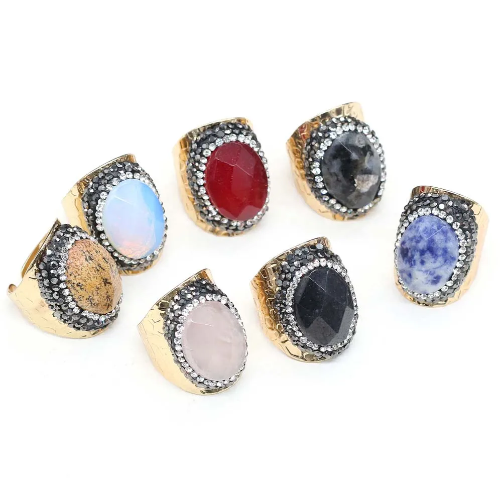 

Natural Stone Rings Rose Quartzs Black Agates Diamon-Studded Section Stone Rings Egg Shape Charm Rings for Women Men Jewelry