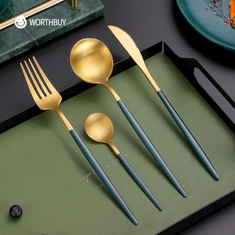 

New WORTHBUY 8/16/24 Pcs Western Gold Cutlery Set Stainless Steel Tableware Set Kitchen Knife Fork Spoon Dinnerware Silverware