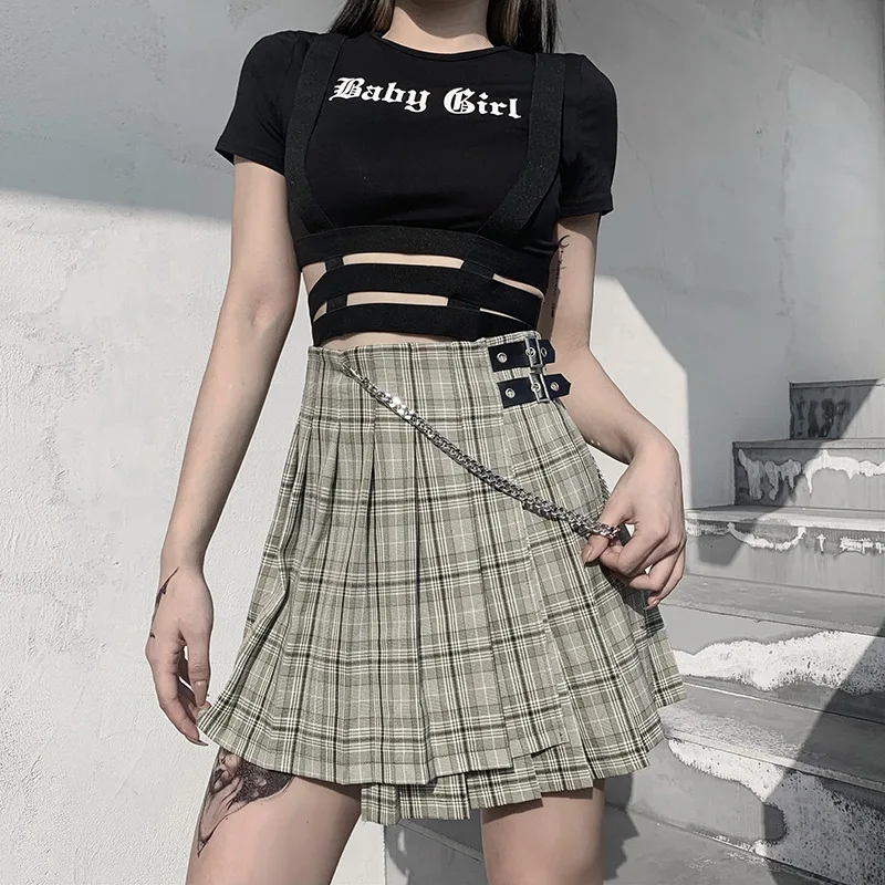 

Gothic High Waist Plaid Women's Skirt 2020 Summer Fashion Y2K Streetwear E-Girl Patchwork Buckle Chain Mini Pleated Skirts