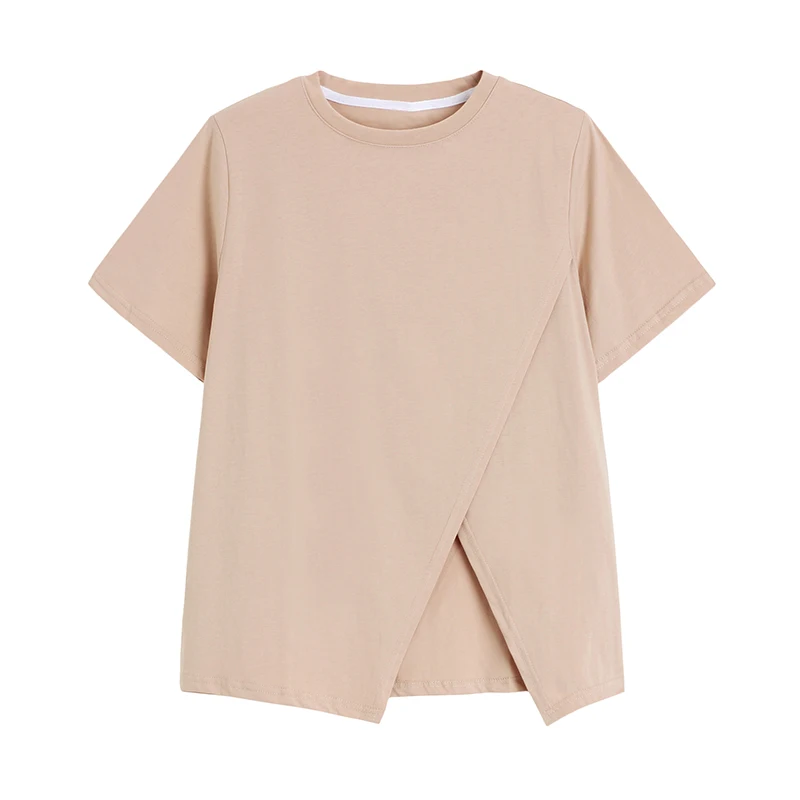 

Asymmetrical Slit Short Sleeve O Neck Woman Tshirts Summer Casual Bottoming Basic Woman Tops Design All Match Sundress Tide