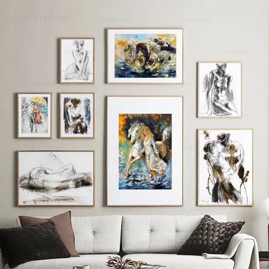 Абстрактные линии девушка лошадь Зонт настенная Картина на холсте скандинавские