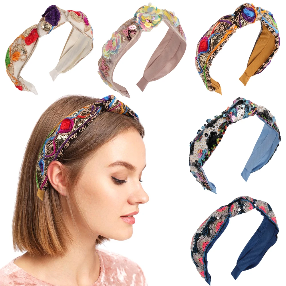 

CN New Women Hairband Soft Shining Sequins Headband Sparkly Padded Headbands Headdress Colorful Hoop Women Headband