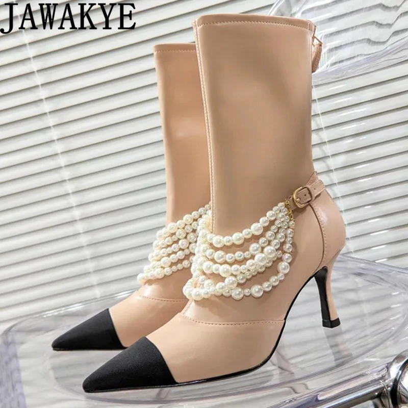 

Роскошные брендовые облегающие Ботинки Челси на высоком каблуке, женские ботильоны телесного и черного цвета с острым носком из натурально...