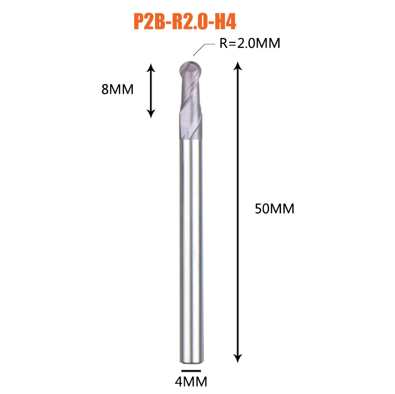 1PC-P2B-R2.0-H4 1 шт. торцевая фреза с шариковым концом 2 флейты R0.5-R6.0 фрезерный станок с ЧПУ для обработки металлических граней и пазов hrc50 концевые фрезы с покрытием - Длина режущей кромки: 1PC-P2B-R2.0-H4