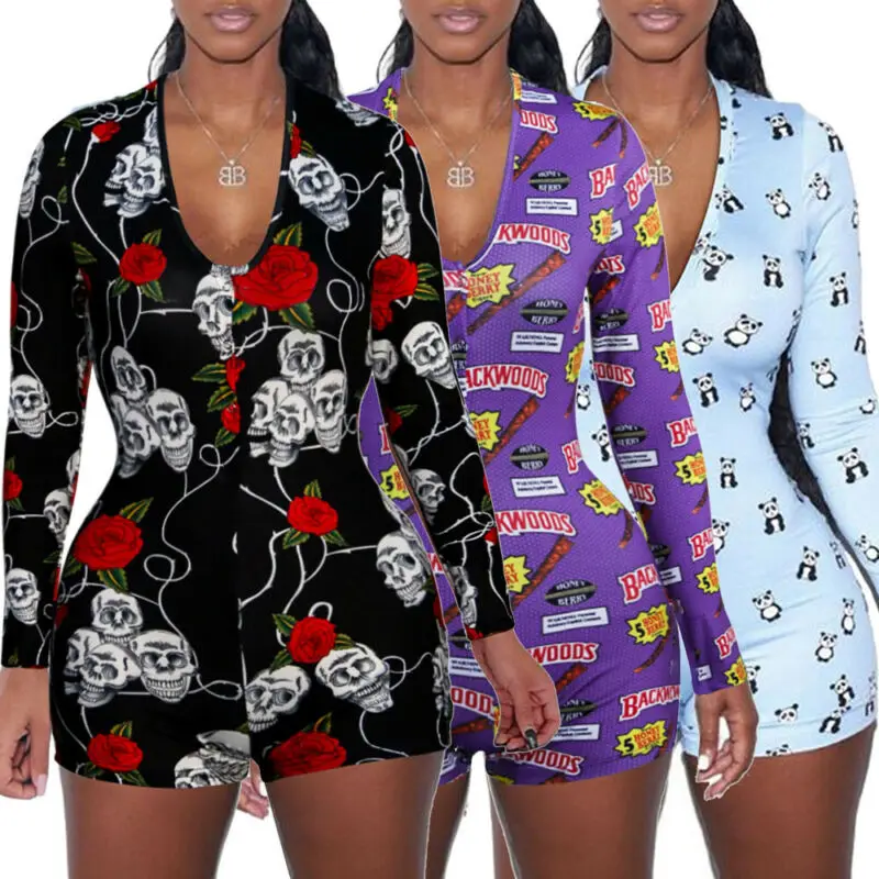 

New Fashion Women Floral Long Sleeve V Neck Bodycon Playsuit Romper Leotard Playsuit