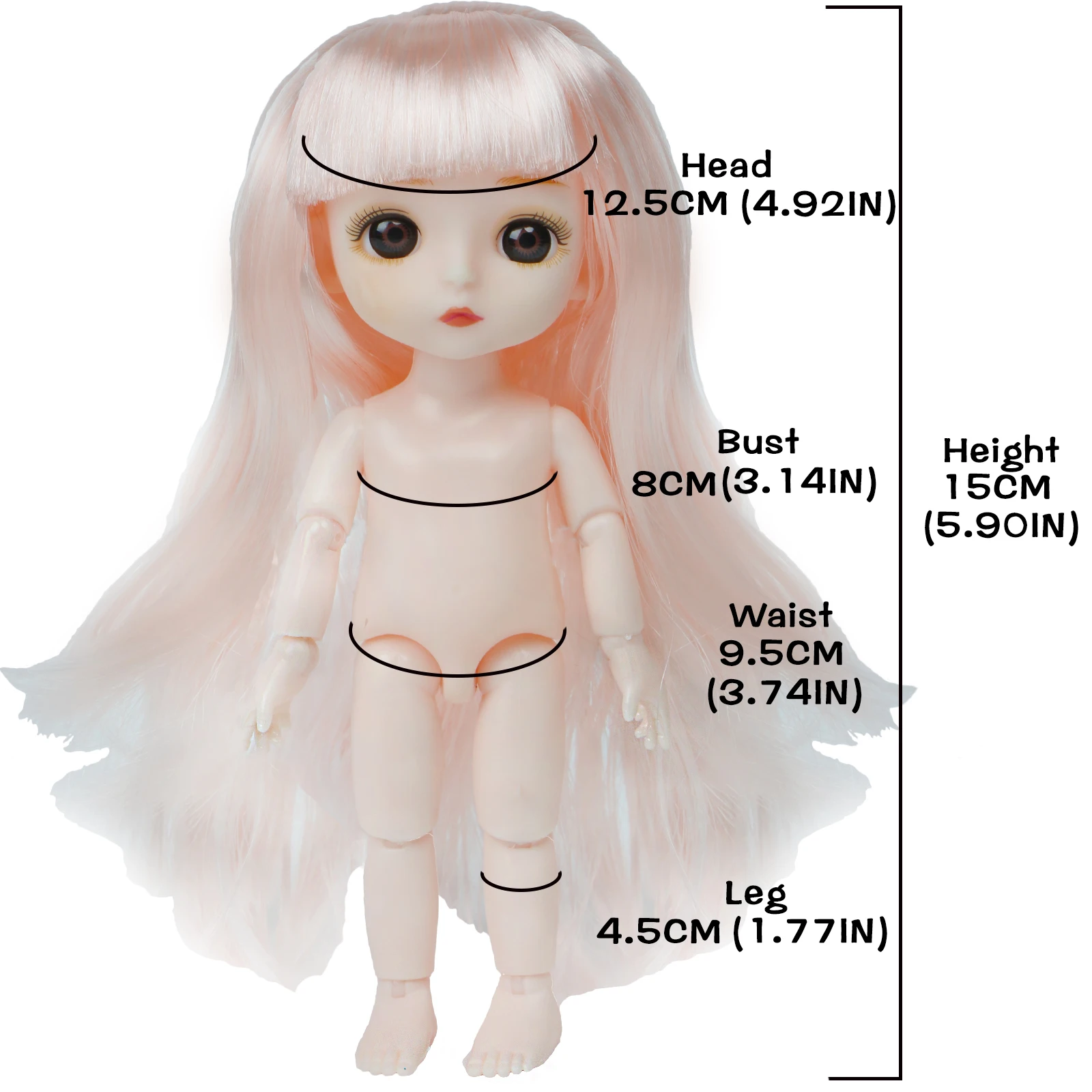 Кукла шарнирная 16 см 13 подвижных шарниров без одежды с розовыми волосами