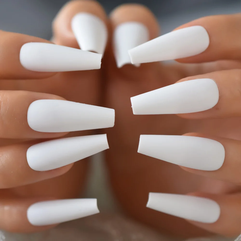 White Press On Nail Tips Long Coffin false nail Matte Full Cover tips For Party With adhesive tabs