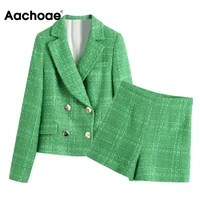 aachoae green color plaid tweed 2 piece set women double breasted vintage blazer suits office wear shorts lady outfit spring