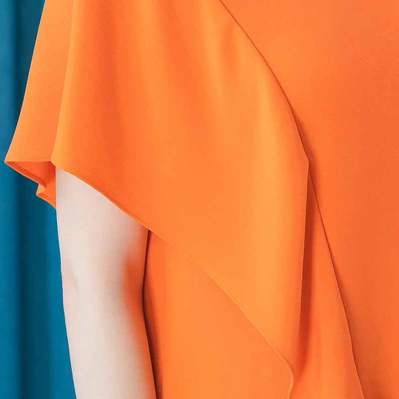 Billig VOA Seide 30 Mt/mt Schwere Orange Rundhals Asymmetrische Rüschen Nähte Kreative Kurzarm Gerade T-shirt Frauen T-shirt BE386